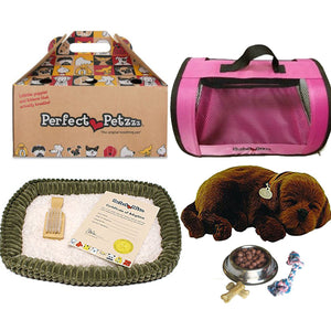 Perfect Petzzz Chocolate Lab Plush with Pink Tote For Plush Breathing Pet and Dog Food, Treats, and Chew Toy