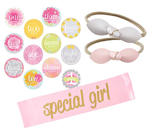 Stephan Baby Set: Special Girl Sash, Pink/Silver Headband Set & Monthly Sticker Set