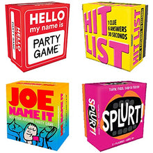 Load image into Gallery viewer, Gamewright Party Game Set of 4: Hello My Name is, Splurt, Hit List, and Joe Name It with Myriads Bag