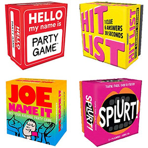 Gamewright Party Game Set of 4: Hello My Name is, Splurt, Hit List, and Joe Name It with Myriads Bag