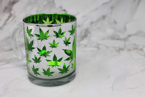Glass Coffee Mug, 16oz: Metallic Silver and Green Leaf Finish