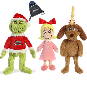 Aurora Christmas Set of 3: 18" Max with Antler, 12" Cindy-Lou who and 18" Merry Grinchmas Grinch with Drawstring Bag