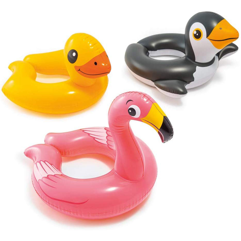 Intex Set 3 Animal Head Split Ring Pool Floats Bundle: Flamingo, Penguin, Duck