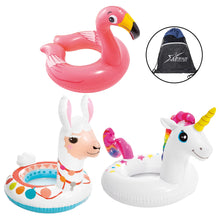 Load image into Gallery viewer, Intex Set of 3 Kid-Sized Animal Swim Ring Floaties: Pink Flamingo, Llama, Unicorn &amp; Drawstring Bag