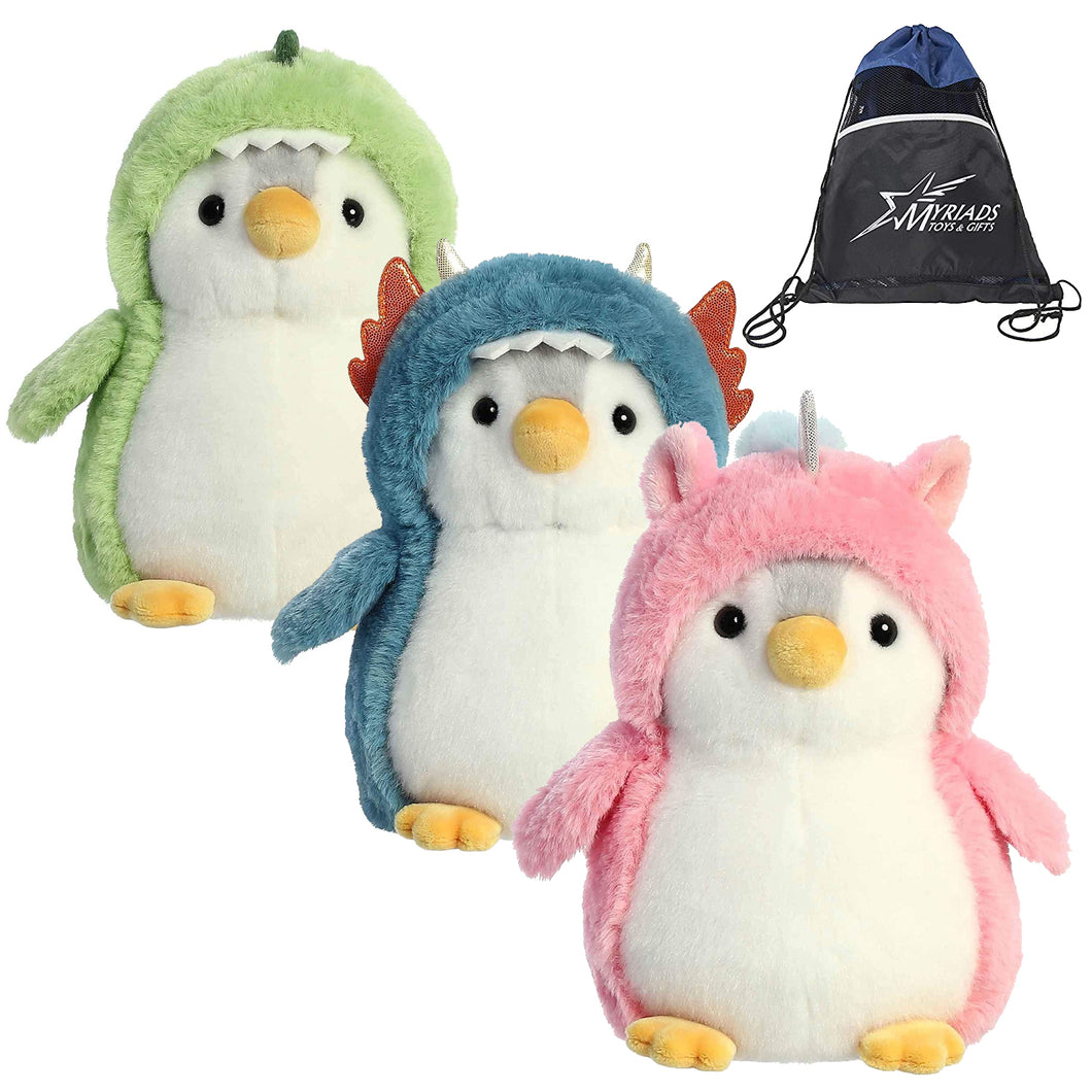 Aurora Pompom Penguin Plush Set of 3: Dino, Dragon and Unicorn 7”